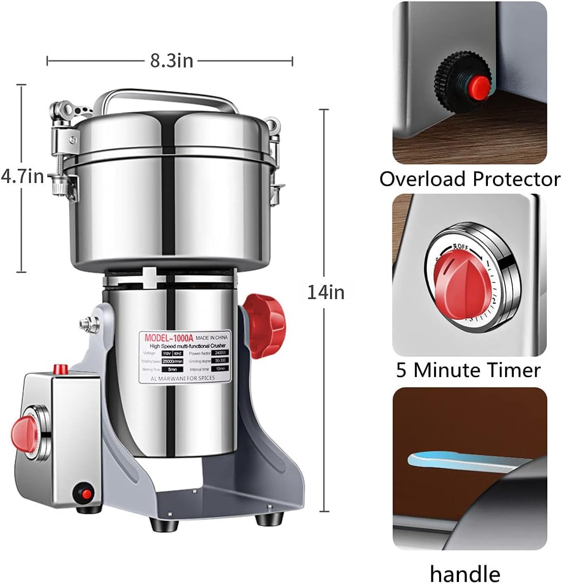 Electric Grain Grinder Mill 1000g High-speed Spice Herb Mill Commercial Powder Machine for Dry Cereals Grain Herb Spice Coffee Corn Bean CE approved (1000g Stand Type)